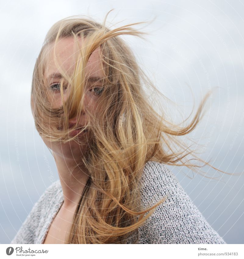 Woman with blown away hair Feminine Young woman Youth (Young adults) 1 Human being Sky Weather Sweater Blonde Long-haired Observe Looking Cool (slang)