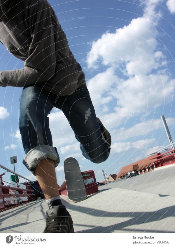 run Playing Man Adults Feet Clouds Beautiful weather Places Pants Sweater Footwear Running Blue White Skateboarding Action Stride Beginner Handrail Colour photo