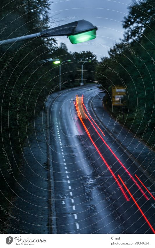 Lamps Street Autumn Bad weather Rain Transport Traffic infrastructure Road traffic Motoring Cycling Vehicle Car Driving Blue Green Red Speed Wet Damp Cold