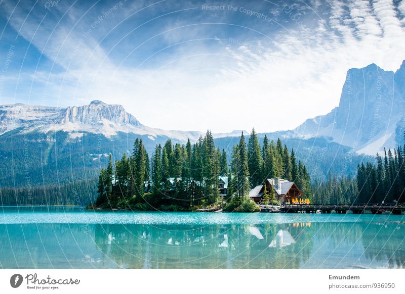 Emerald Lake Environment Nature Landscape Elements Air Water Sky Clouds Summer Weather Beautiful weather Tree Lake Emerald Canada Americas Blue Relaxation