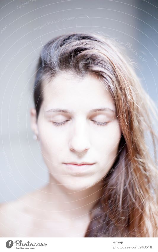 young woman with long brown hair and closed eyes, high key Feminine Young woman Youth (Young adults) Face 1 Human being 18 - 30 years Adults Bright White