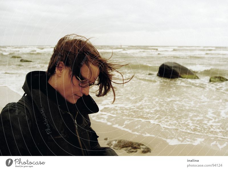 Gust of wind on Rügen Beach Eyeglasses Waves Clouds Coast Wind Water Stone Human being Hair and hairstyles Sand