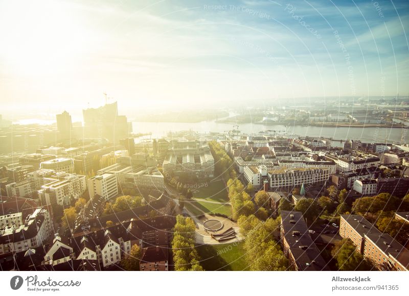 Hamburg in the morning 3 Port City Downtown Harbour Bright Town Colour photo Exterior shot Aerial photograph Deserted Morning Dawn Light