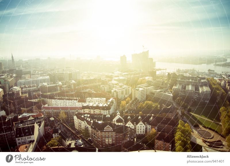 Hamburg in the morning 2 Port City Downtown Skyline Navigation Esthetic Town Blue Yellow Colour photo Exterior shot Aerial photograph Deserted Morning Dawn