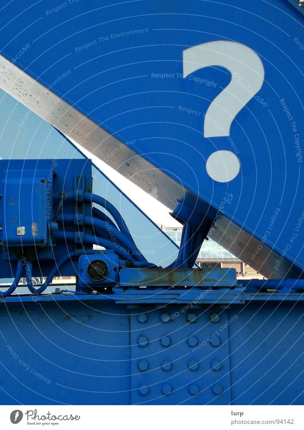 Who, How, What, Why, Why, Why, Why Joy Technology Sky Metal Steel Rust Blue White Question mark Rivet Kiel Ask Unclear Unknowing Know Colour photo Multicoloured