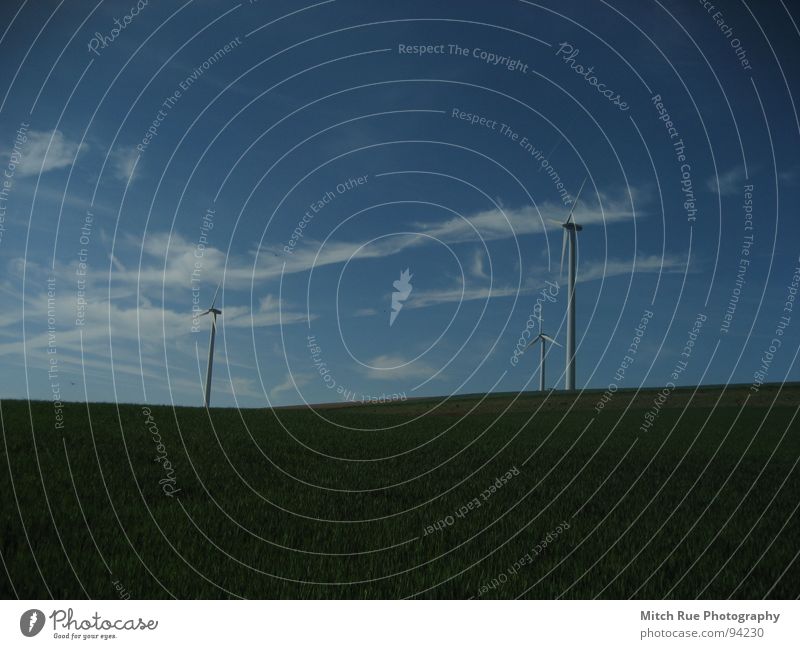 still turning around! Meadow Green Clouds Wind Windmill. canopy Blue cirrostratus clouds Wind energy plant sky windy