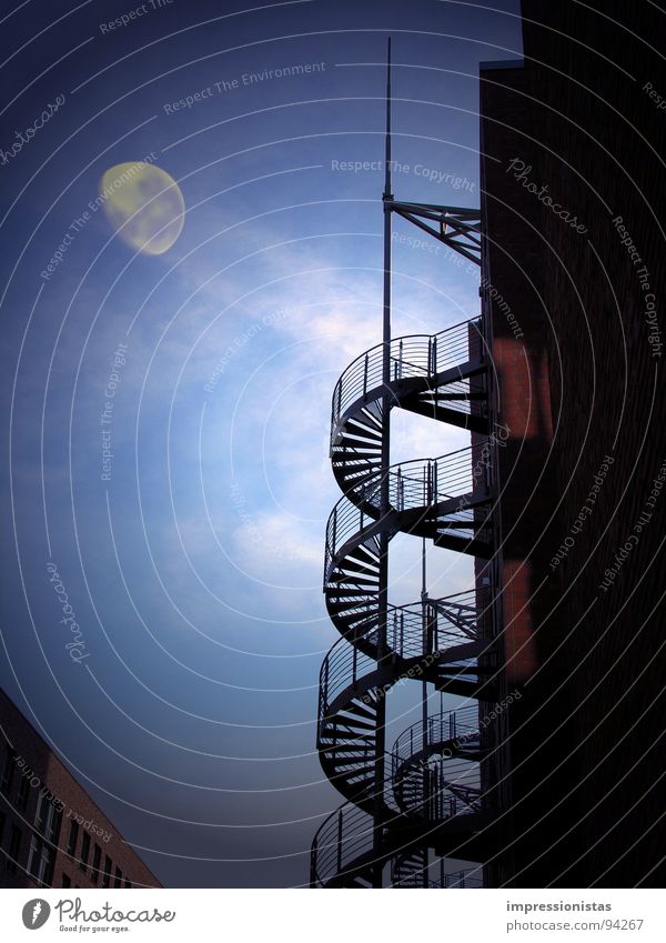 moonshadow Old warehouse district Night Mystic Dark Night sky Celestial bodies and the universe Moon Blue Stairs Sky