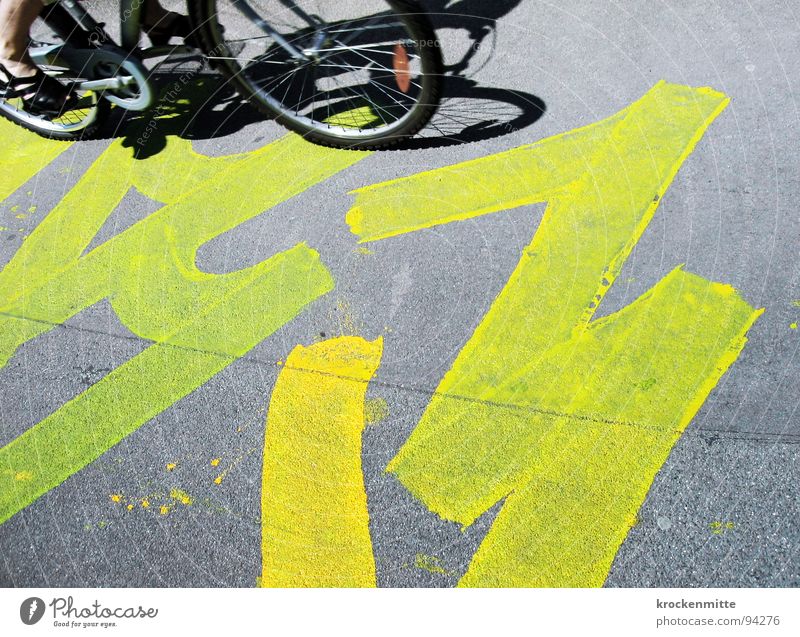 Zebra crossing on a Bad Hair Day Cycling Bicycle Asphalt Yellow Gray Town Painting and drawing (object) Art Pedal Graffiti Mural painting Street Spokes