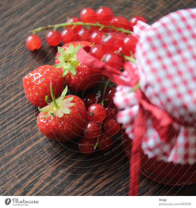 Strawberry and currant jam Food Fruit Jam Redcurrant Nutrition Glass Decoration Cloth Bow Bast Wood Lie Stand Esthetic Fresh Healthy Beautiful Uniqueness