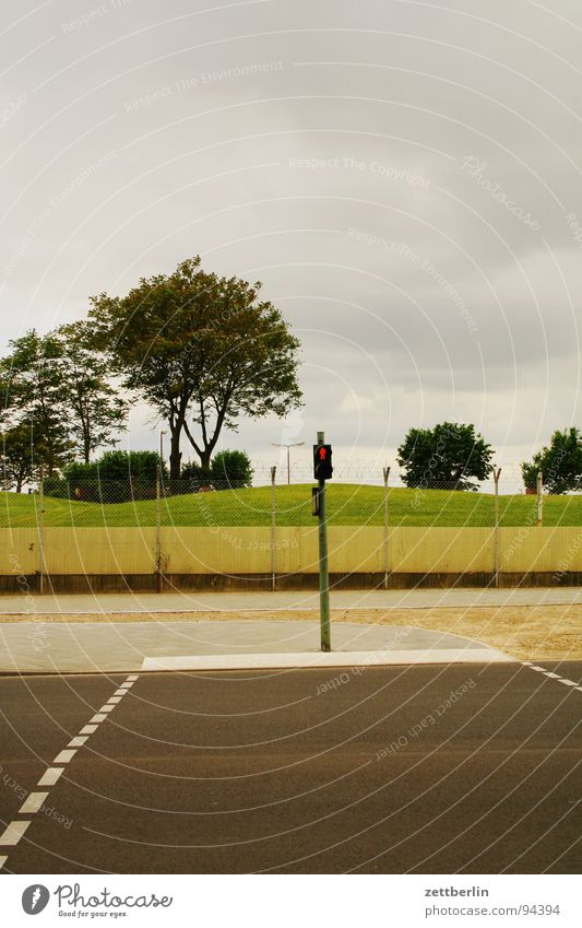 transition Pedestrian Pedestrian crossing Traffic light Red Asphalt Sidewalk Road traffic Deserted Empty Fence Barrier Barbed wire Safety Exclusion zone Tree