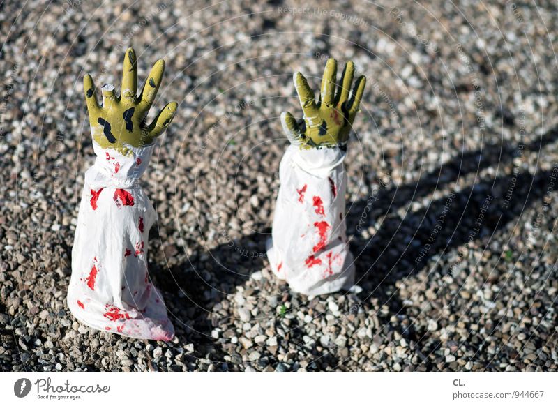 village life Hallowe'en Human being Hand Fingers 1 60 years and older Senior citizen Bandage Blood Bloodthirsty Blood stain Ground Creepy Pebble Stone Green Red