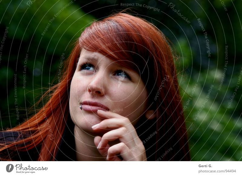 sibyl Woman Young woman Red-haired Long-haired Beautiful Think Fortune-telling Wisdom Appearance Face Hand Green Piercing Vantage point outlook ponder prophesy