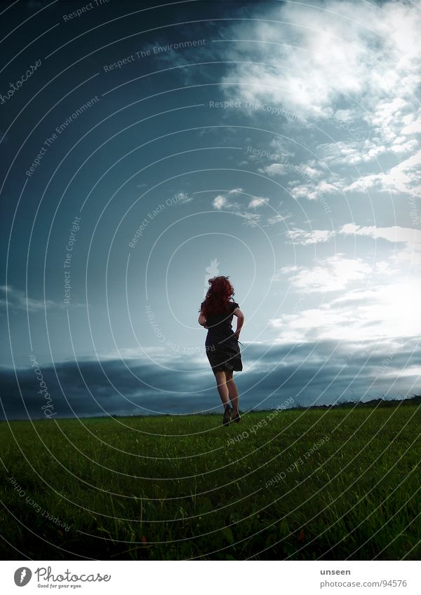 run to Clouds Meadow Infinity Woman Dream Dress Perspective Far-off places Green Autumn Free Freedom Lanes & trails Sky Movement Opinion Hair and hairstyles