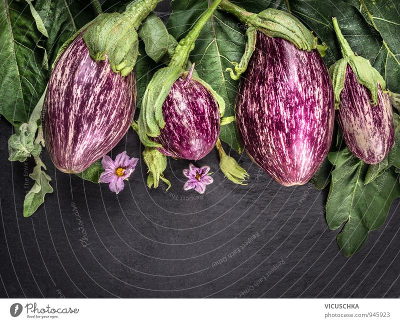 Aubergines with leaves and flowers on a dark slate table Food Vegetable Organic produce Vegetarian diet Diet Lifestyle Design Healthy Eating Leisure and hobbies