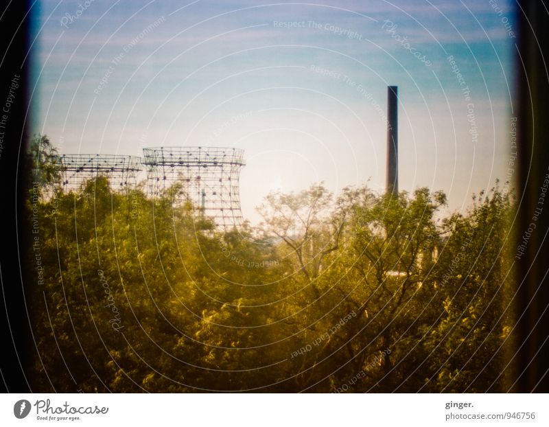 AST7 Pott | Herbstidylle Essen Town Outskirts Skyline Industrial plant Factory Tower Manmade structures Blue Yellow Green The Ruhr Chimney Grating Window pane