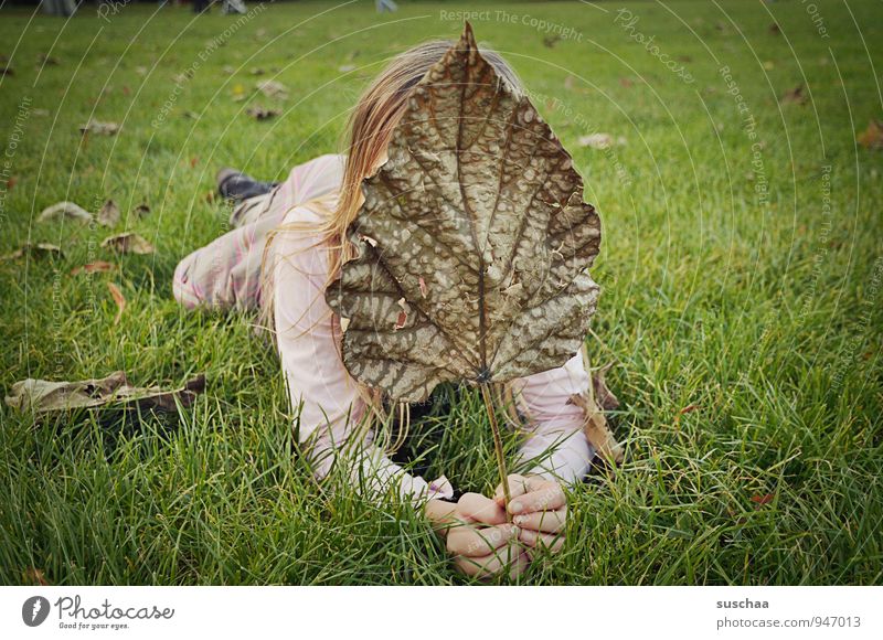 sheet in front of face Feminine Child Girl Infancy Body Skin Hair and hairstyles Hand Fingers 1 Human being 8 - 13 years Environment Nature Autumn Grass Leaf
