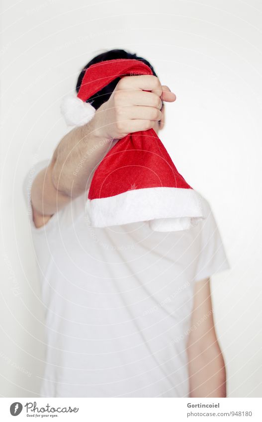 Santa Claus Human being Masculine Young man Youth (Young adults) Hand 1 18 - 30 years Adults Red Black White Christmas & Advent Santa Claus hat Colour photo