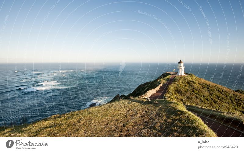 meeting point Environment Nature Landscape Plant Elements Cloudless sky Horizon Summer Beautiful weather Grass Waves Coast Ocean Deserted Tower Lighthouse