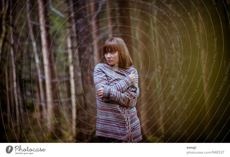 forest Feminine Young woman Youth (Young adults) 1 Human being 18 - 30 years Adults Environment Nature Autumn Forest Dark Beautiful Cold Natural Colour photo