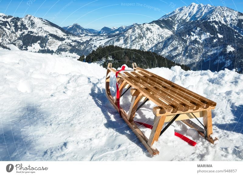 white winter land, wooden sledge Joy Relaxation Vacation & Travel Tourism Sun Winter Mountain Environment Nature Landscape Clouds Weather Forest Rock Alps Wood