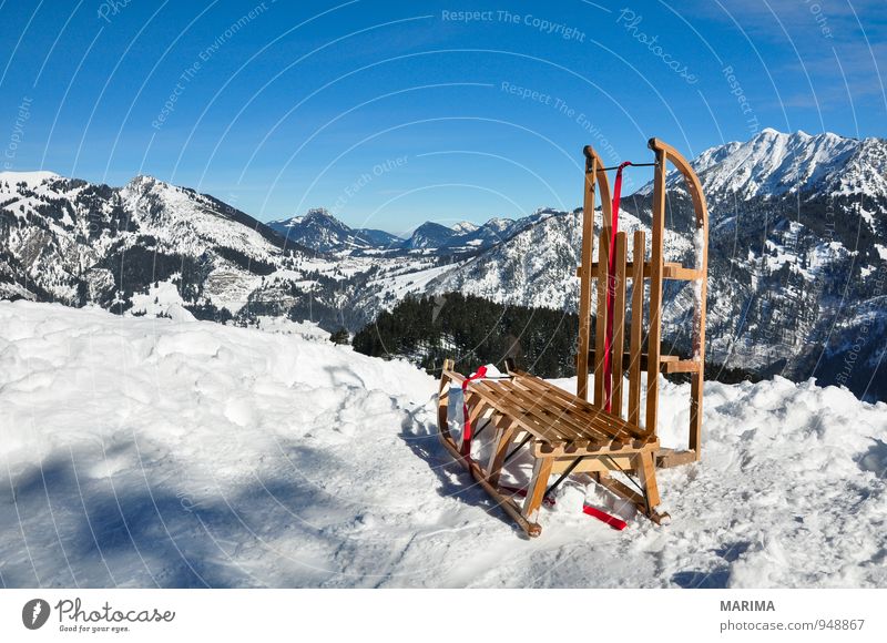white winter land, wooden sledge Joy Relaxation Vacation & Travel Tourism Winter Mountain Environment Nature Landscape Clouds Weather Forest Rock Alps Wood Cold