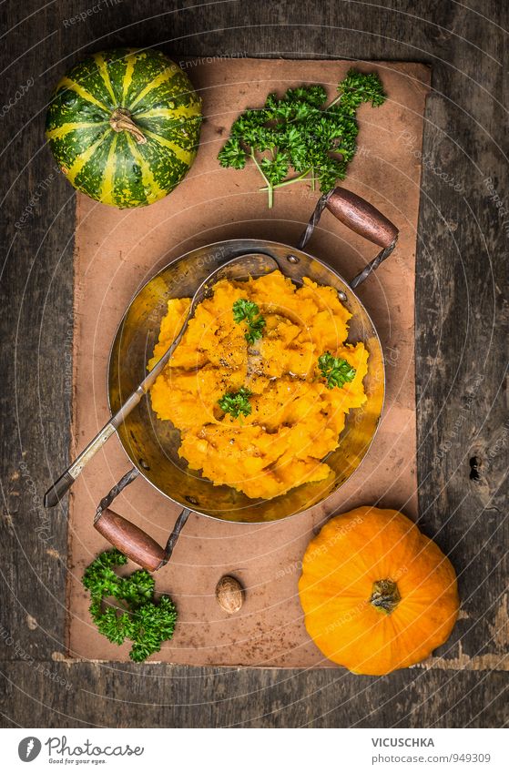 Pumpkin Puree in Vintage Pan Food Vegetable Herbs and spices Nutrition Lunch Dinner Organic produce Vegetarian diet Diet Pot Spoon Lifestyle Healthy Eating