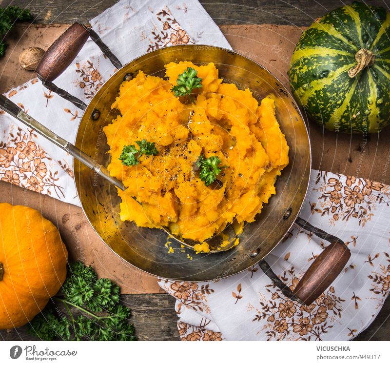 Pumpkin porridge in pot with spoon Food Vegetable Herbs and spices Nutrition Lunch Dinner Banquet Organic produce Vegetarian diet Diet Pot Spoon Style Design