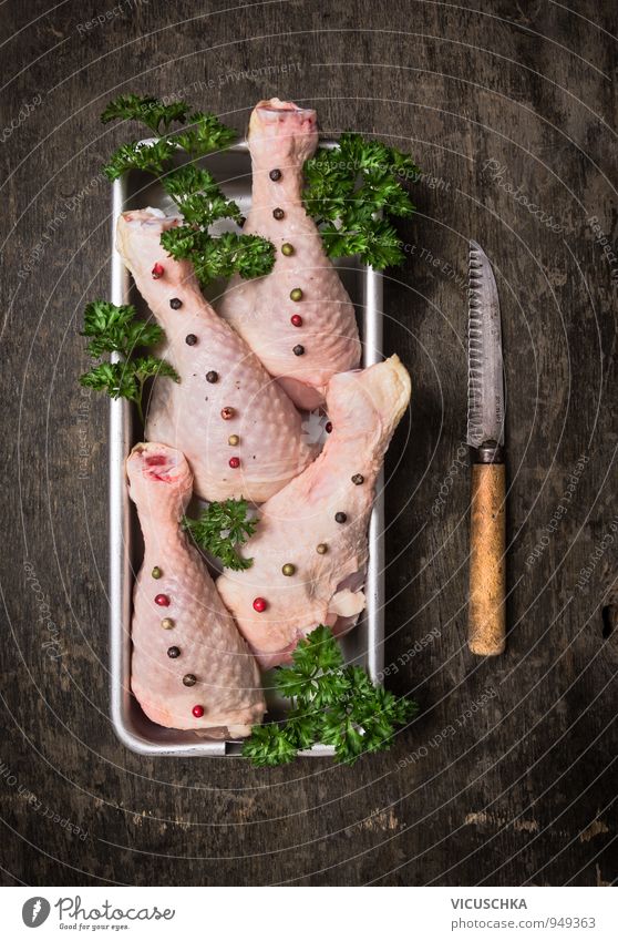 Raw chicken legs in metal bowl with parsley and pepper Food Meat Herbs and spices Nutrition Lunch Dinner Organic produce Diet Knives Life Pink Vintage Chicken