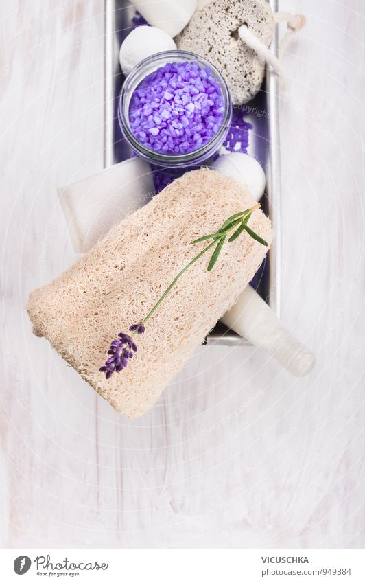 Bath set with lavender, loofah sponge, bath salt and lotion. Style Design Cream Wellness Relaxation Fragrance Spa Massage Leisure and hobbies Flat (apartment)