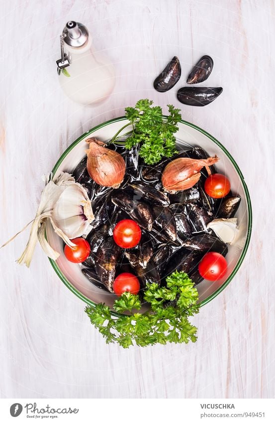 Raw mussels in shell with spices and oil. Food Seafood Vegetable Herbs and spices Nutrition Lunch Dinner Organic produce Vegetarian diet Diet Bowl Lifestyle