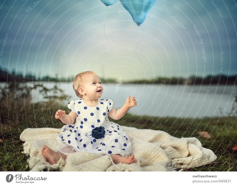 Baby at the Lake Feminine Child Toddler Girl 0 - 12 months 1 - 3 years Nature Landscape Lakeside Clothing Dress Balloon Blanket Flying To enjoy Looking Sit