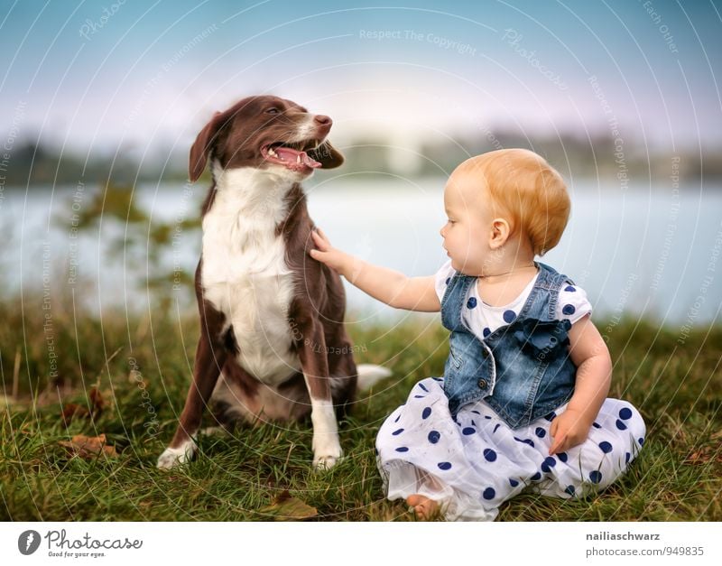 friends Human being Feminine Child Baby Toddler Girl Friendship Infancy 1 0 - 12 months Nature River bank Pond Lake Clothing Dress Red-haired Animal Dog Touch