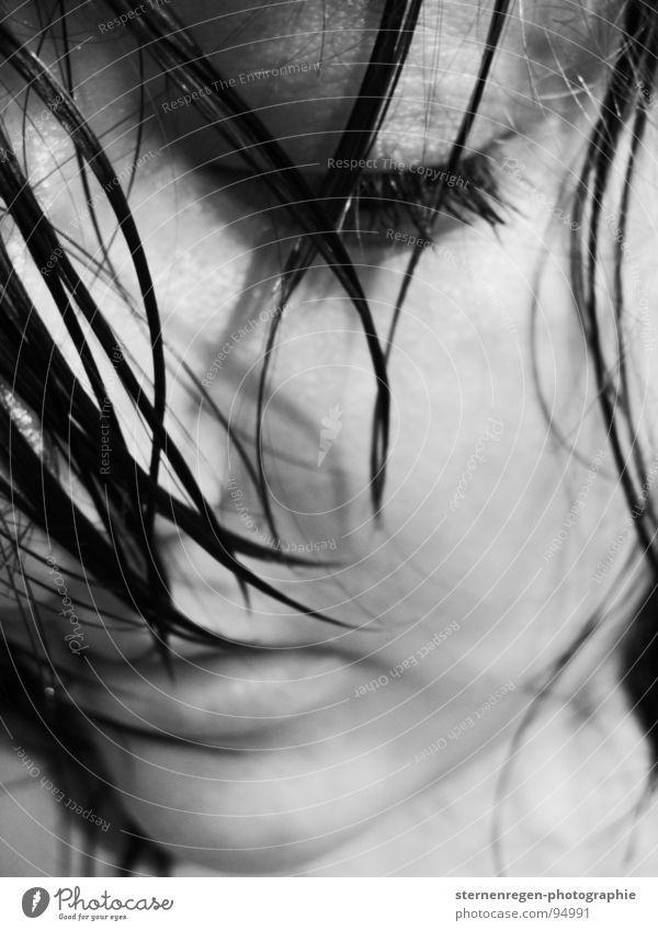 - Black-haired Piercing Lip piercing Longing Wet Self portrait Face of a woman Woman wet hair Eyes black eyes Water Fear Black & white photo half page portrait