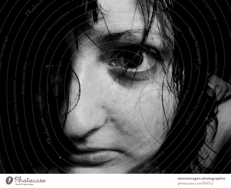 . Black-haired Piercing Lip piercing Longing Wet Self portrait Face of a woman Grief Woman wet hair Eyes black eyes Water Fear Black & white photo