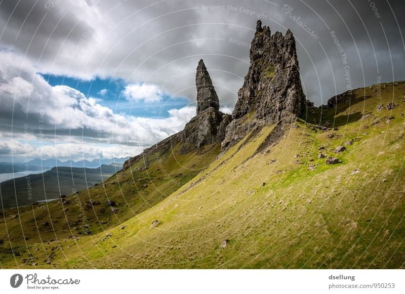 weather-sensitive. Nature Landscape Sky Clouds Storm clouds Summer Beautiful weather Bad weather Meadow Field Hill Rock Scotland Isle of Skye Old Man of Storr