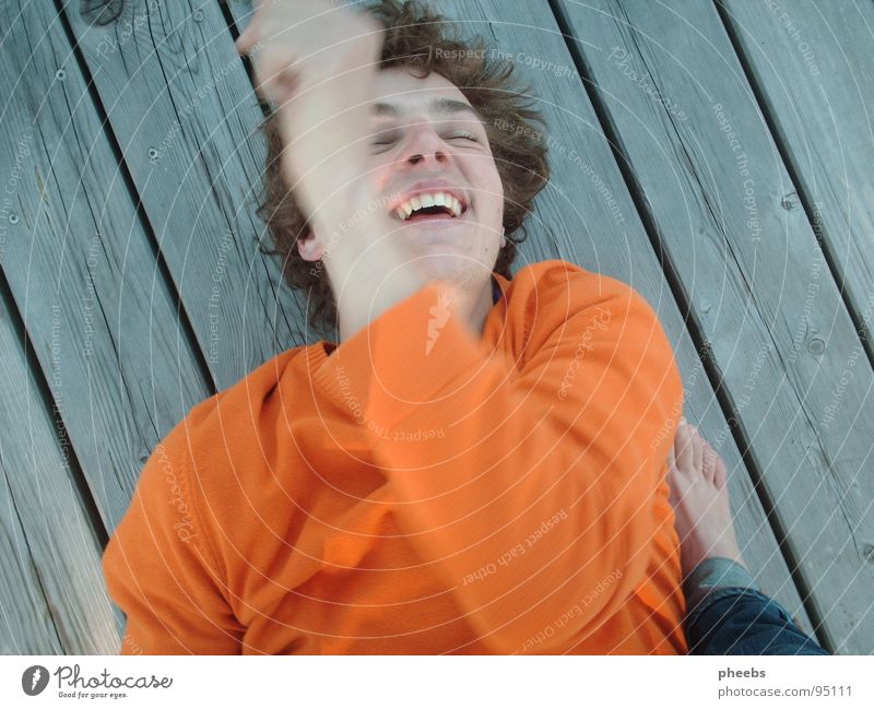 joy Sweater Man Footbridge Lake Joy Orange Human being Feet Movement Laughter