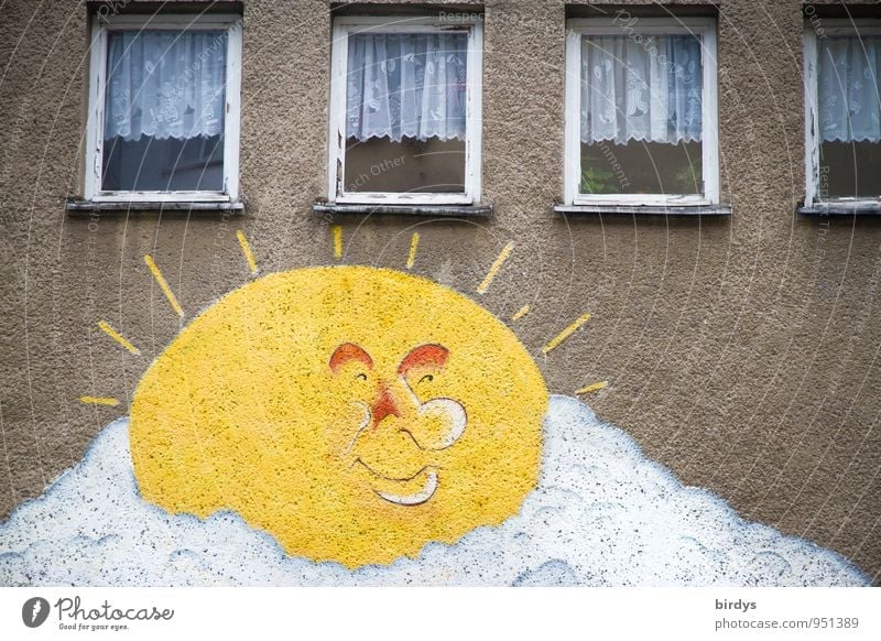 cheerful to cloudy Living or residing House (Residential Structure) Old building Facade Window Graffiti Sun Clouds Smiling Illuminate Friendliness Funny