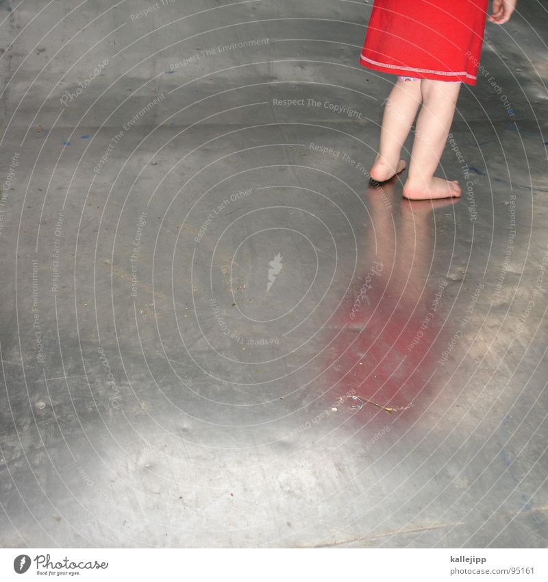 sheet metal Barefoot Child Tin Playing Summer Playground Red Dress Perspire Halfpipe Reflection Girl Toddler Childhood memory Childhood dream Aluminium Steel