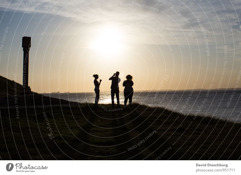 Trio on net search Human being Life Body 3 Landscape Sky Clouds Summer Beautiful weather Coast Ocean Blue Yellow Black White Advancement Society Trade Mobility