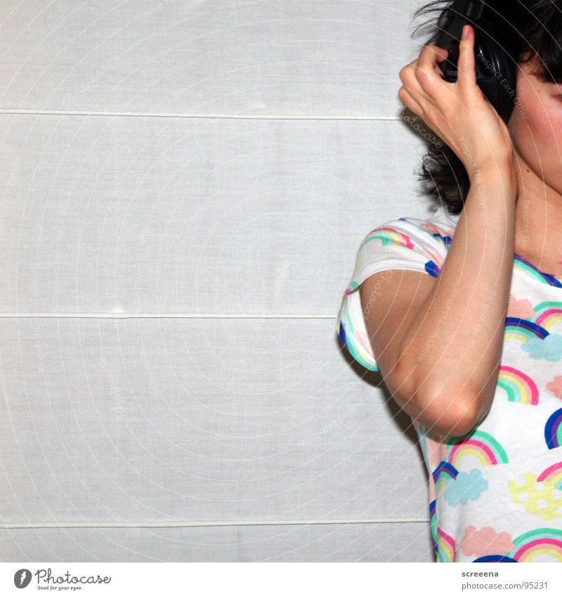 And More Woman Hand Shoulder Listening Headphones Rainbow T-shirt White Multicoloured Joy Music Hair and hairstyles yeah