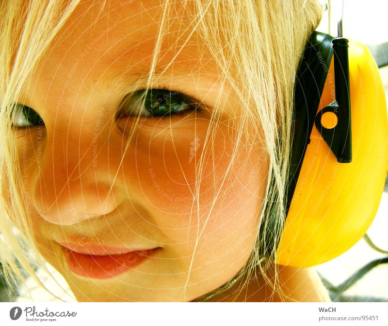Jenny p-2 Child Girl Headphones Ear protectors Yellow Blonde Summer Listening Toddler Eyes Mouth Bright jenny Jennifer Looking Snapshot