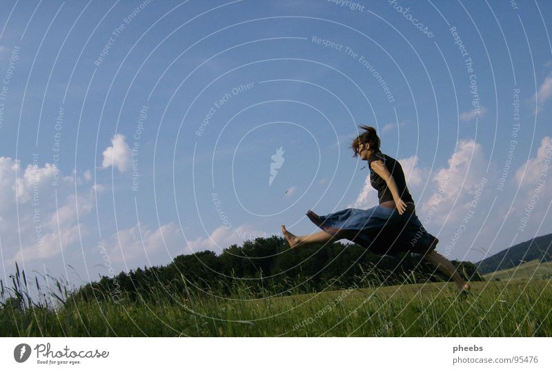 just fly away... Air Clouds Woman Jump Grass Meadow Field Summer Flower Sky Stride Freedom Mountain Nature Life