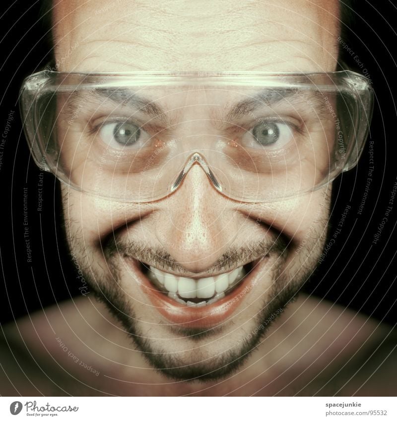 FREAK Man Portrait photograph Eyeglasses Saftey goggles Crazy Whimsical Funny Joy Symetric Grinning Laughter