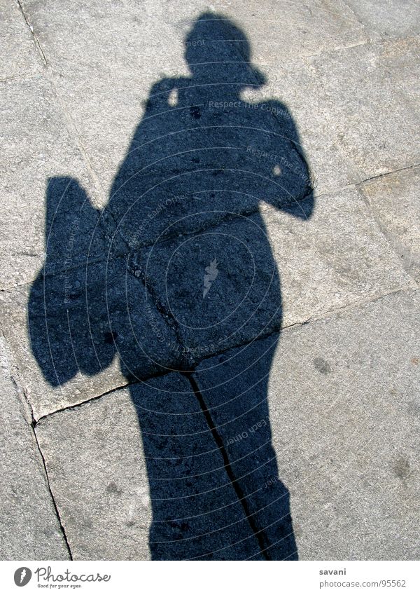 Shadow of woman with bag on stone Vacation & Travel Summer Sun Woman Adults Street Stone Gray Portugal Midday sun Travel photography Cobblestones Paving stone