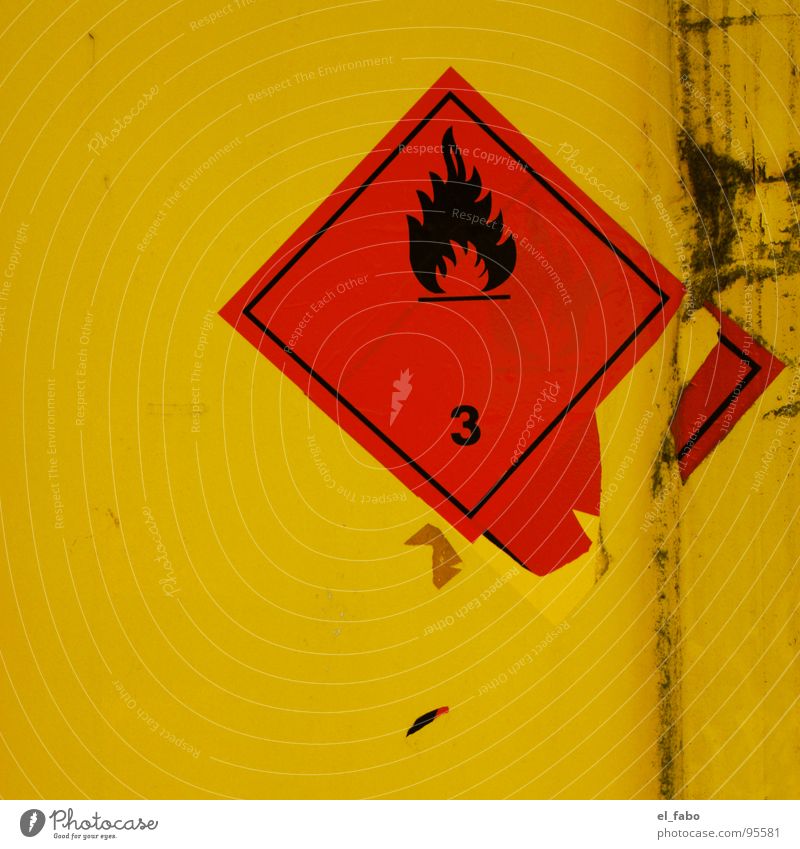 3 Label Yellow Red Scratch mark Broken 2 Dangerous Warning label Warning sign Blaze Container Trashy Threat Signs and labeling Metal lacquer