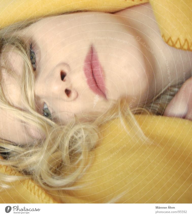 The yellow blanket. Woman Yellow Blonde Trust Bedroom Blanket Face Lie wrap Hair and hairstyles Curl Looking
