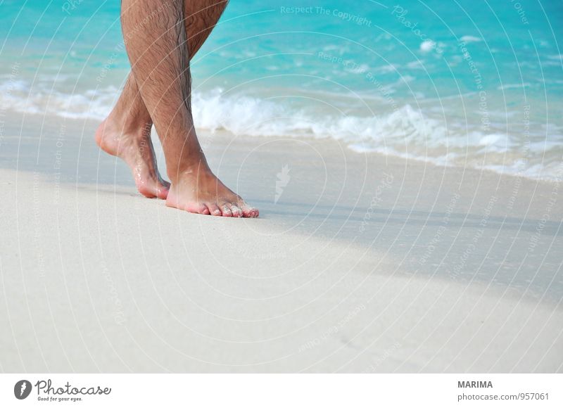 man takes a beach walk Exotic Relaxation Calm Vacation & Travel Beach Ocean Human being Nature Sand Water Footprint Going Blue Turquoise White Asia Barefoot
