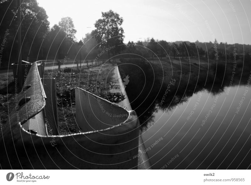 barrier Environment Nature Landscape Water Horizon Plant Tree Channel Boundary Barrier Handrail Metal Illuminate Calm Idyll Jetty Surface of water Smoothness