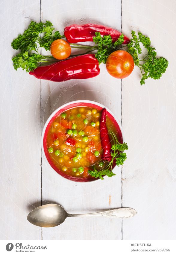 Minestrone soup on white wooden table with vegetables and spoon Food Vegetable Herbs and spices Nutrition Lunch Banquet Organic produce Vegetarian diet Diet