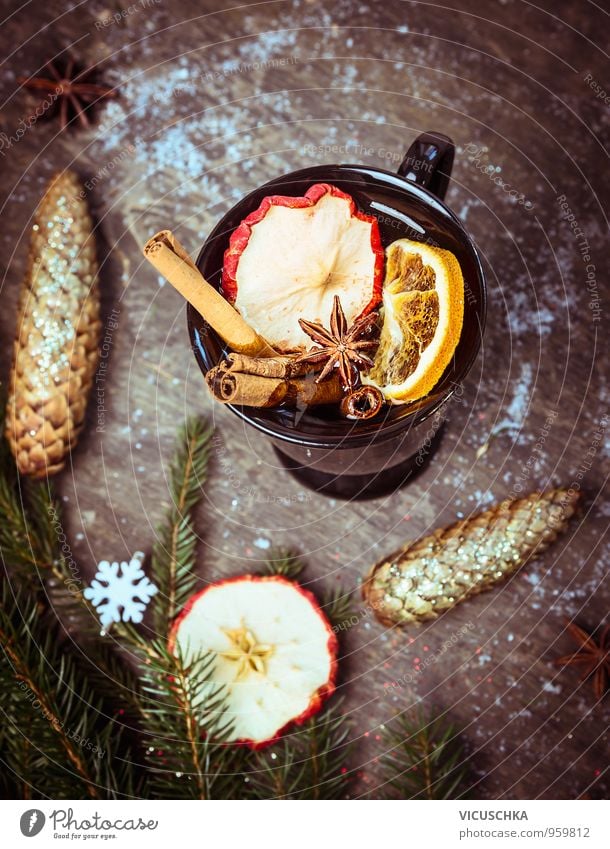 Mulled wine on wooden table with Christmas decoration and fir branch Food Fruit Nutrition Organic produce Beverage Hot drink Tea Alcoholic drinks Wine Cup